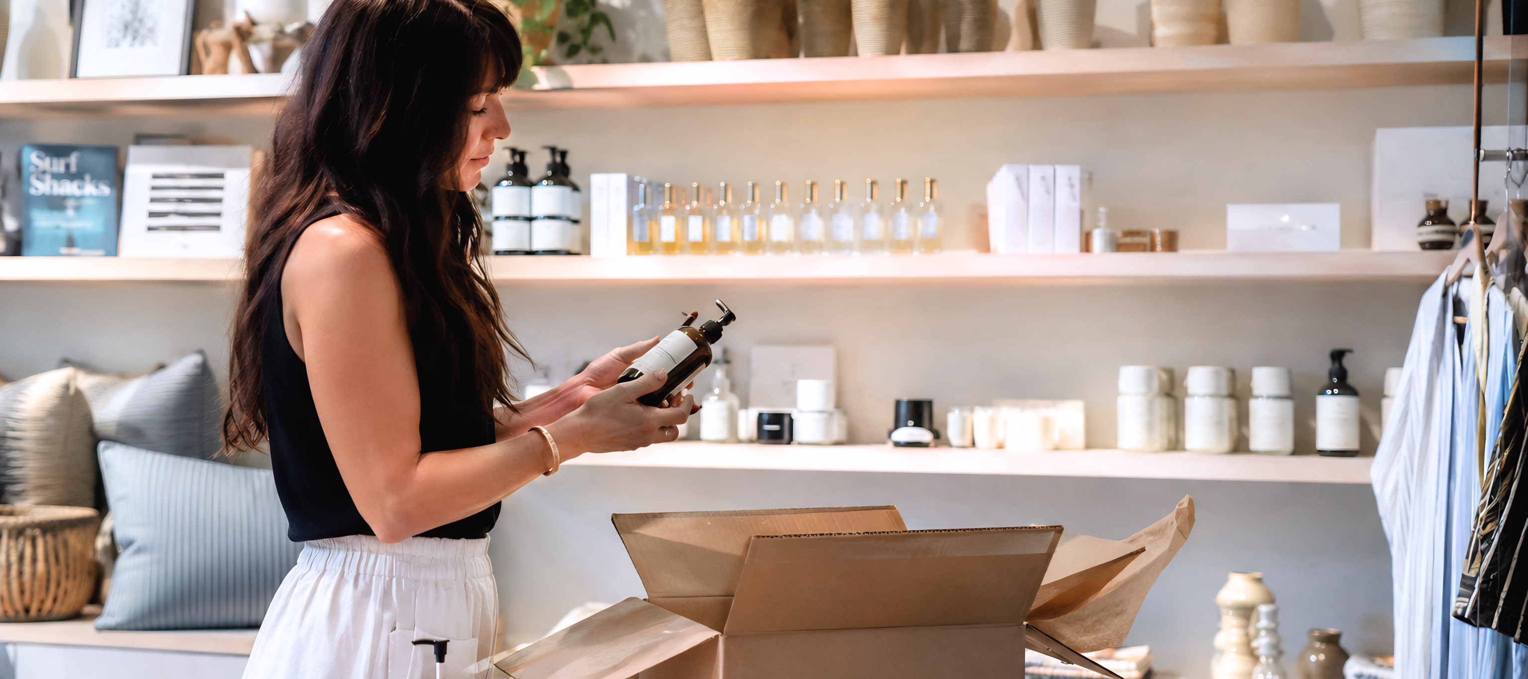 A boutique retailer unpacks a small curated wholesale order in a bright, minimalist store interior, testing premium summer lifestyle products on elegant shelves with soft neutral tones and minimal packaging.